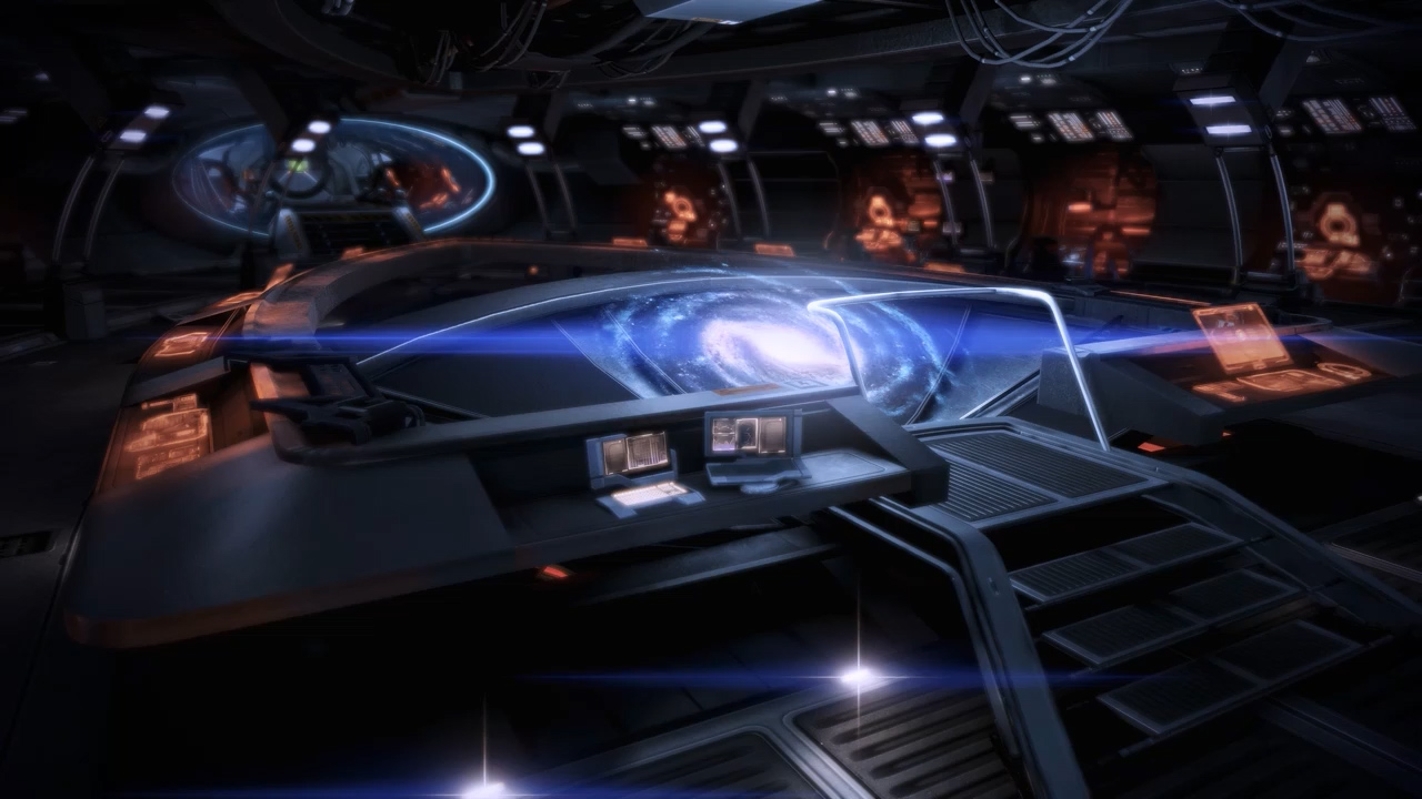 Salle de commandement du Normandy avec sa carte galactique holographique, sur un visuel officiel d’archive de Mass Effect. Ce n’est pas une image du projet annulé.